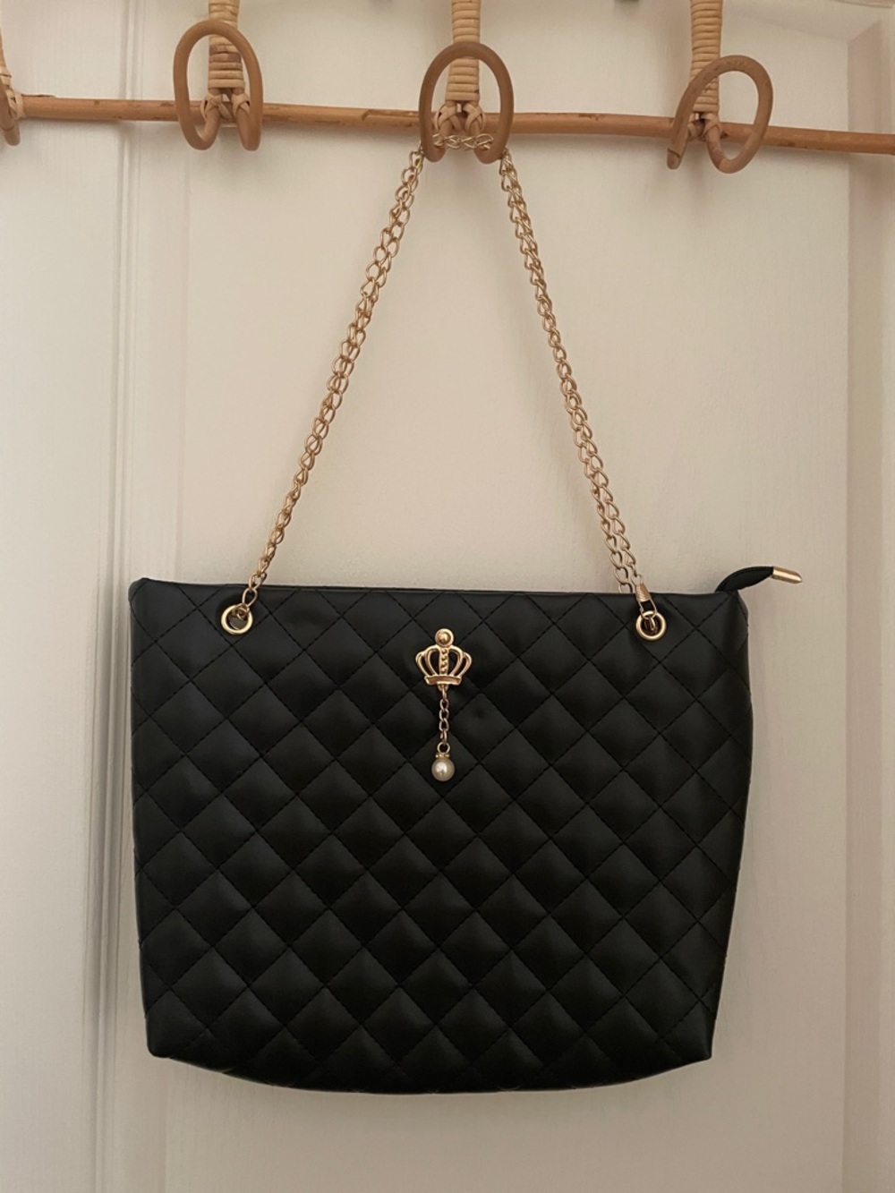 Quilted Black Shoulder Tote with Gold Chain and Crown Charm